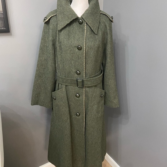 Vintage Rare 70s-80s German Fitted Loden Wool Green Womens Long Cape Coat US 8 - Picture 3 of 17